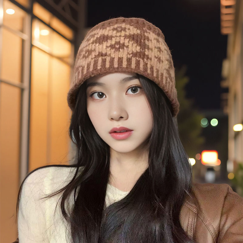 復古格紋針織帽